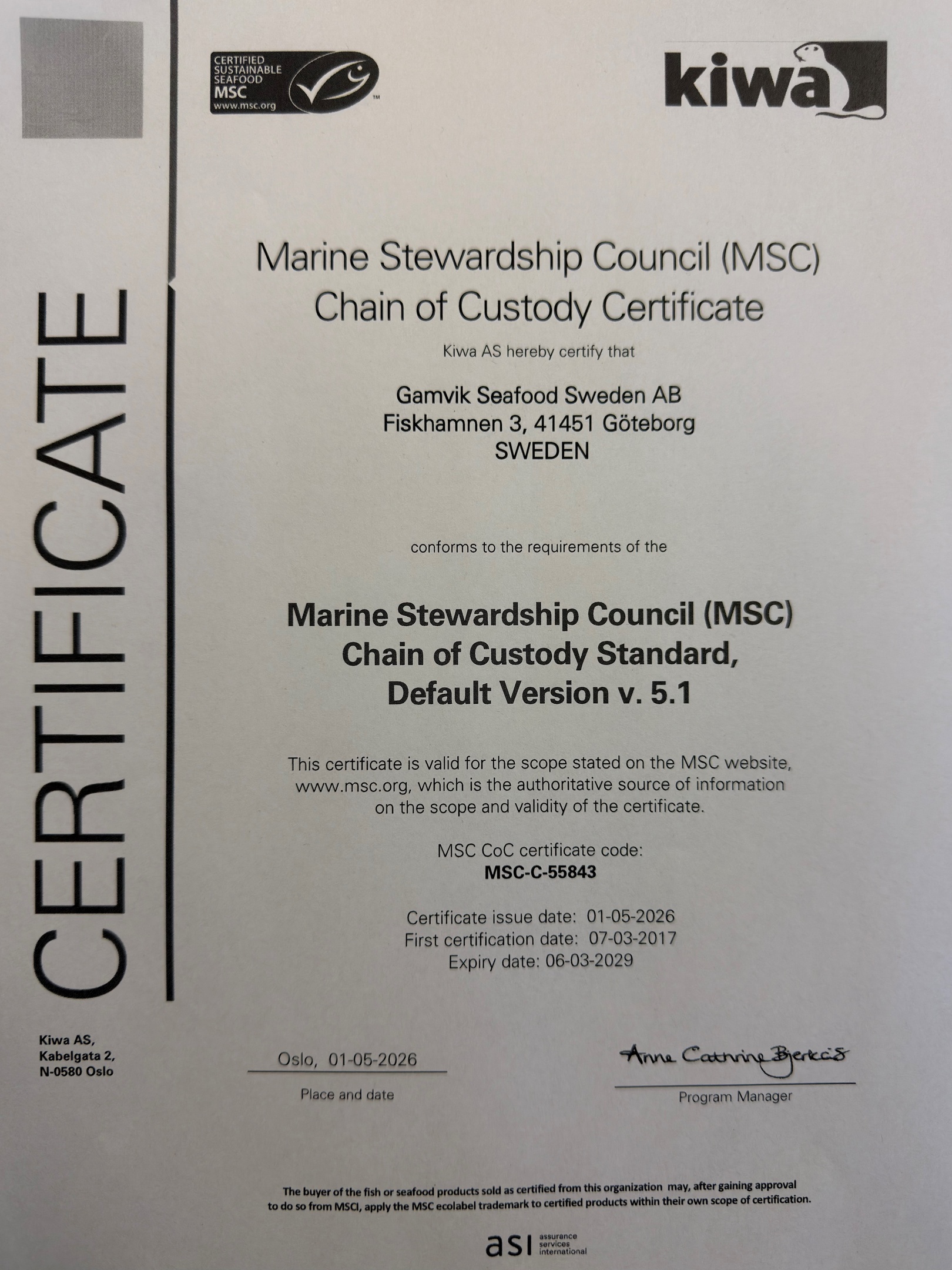 MSC certifikat